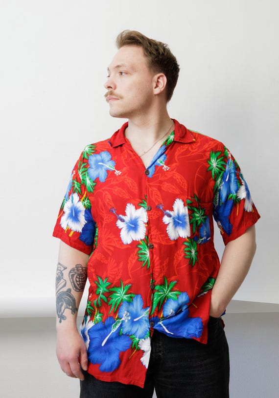 Red Blue Hawaiian Shirt 80s Camp Collar Hibiscus Button Up Vintage Aloha XL