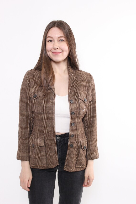 90s brown glen plaid military jacket with band collar fitted wool safari blazer Small