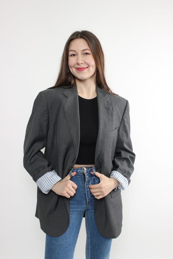 Vintage 90s Grey Wool Blazer, Oversized Tailored Jacket, Minimalist Office, Size L