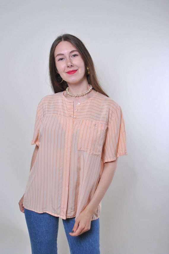 90s Vintage Striped Blouse: Beige Pink Minimalist Top, Size L
