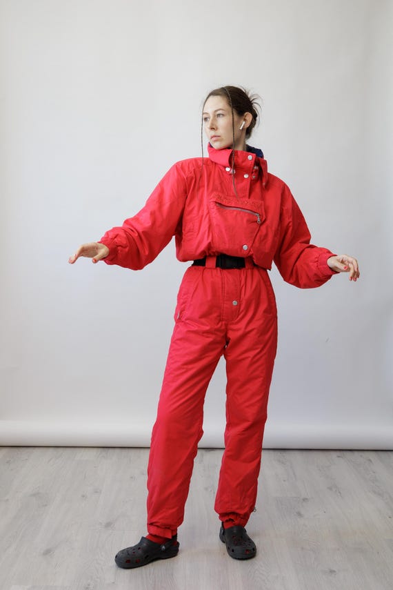90s K2 Red Vintage Ski Suit One Piece Snowsuit Fleece Collar Hood Size S