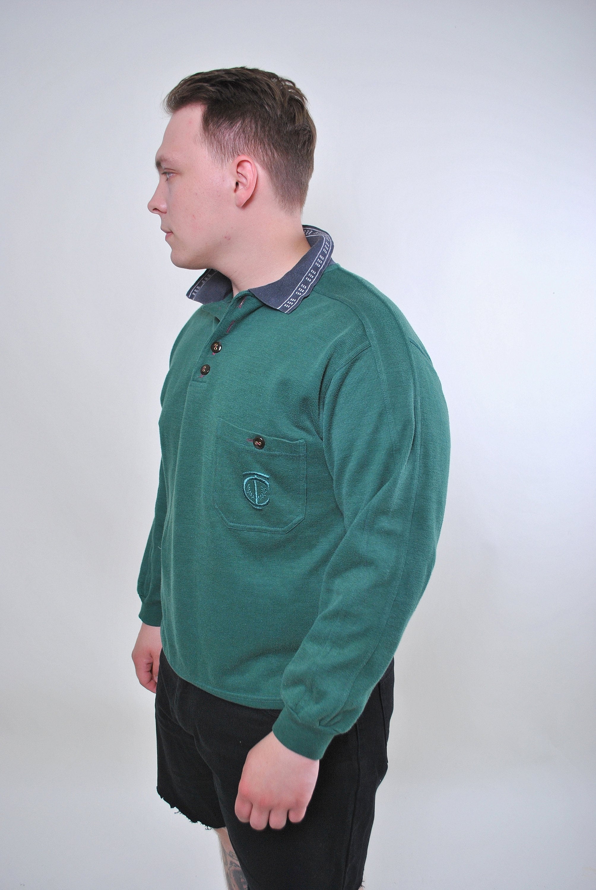Men retro green collared sweatshirt with pocket Size L Etsy