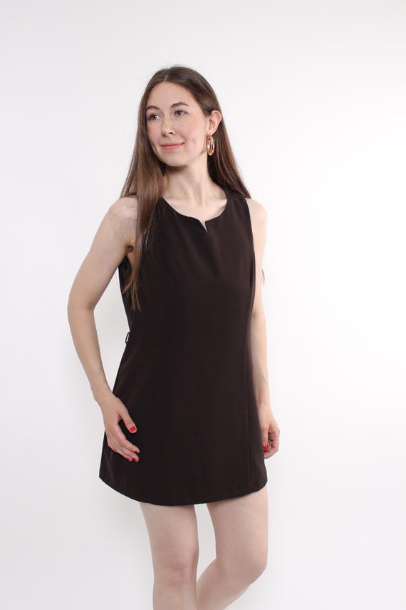 90s Brown Mini Dress Vintage Sleeveless Notch Neck Shift Dress Size M