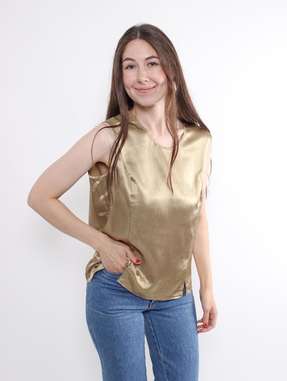 Vintage 90s Gold Satin Sleeveless Top, Champagne Shell Blouse, Size M