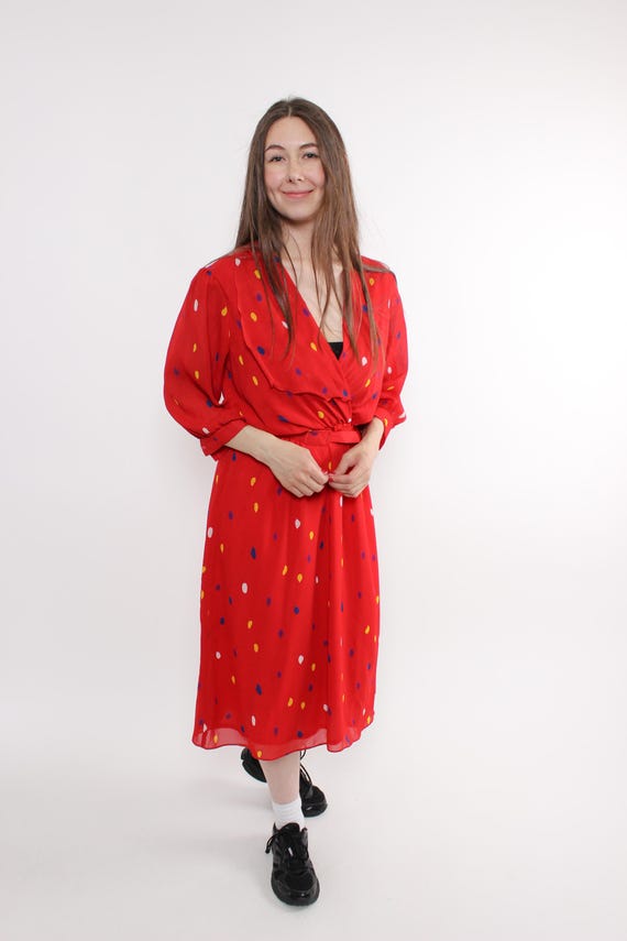 Vintage Polka Dot Midi Dress, 90s Vibrant Red Wrap Dress with Shoulder Pads V-neck