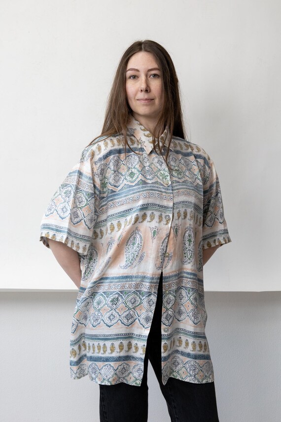 80s Paisley Border Print Blouse Vintage Pastel Oversized Boho Shirt Size L