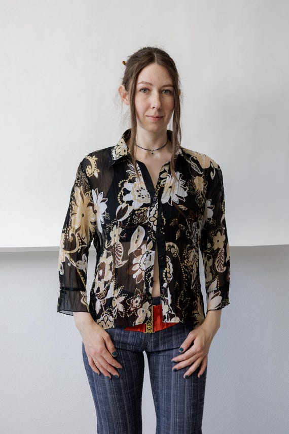 Y2k Sheer Chiffon Paisley Floral Blouse Black Tan Crinkle Button Up Boho Top M