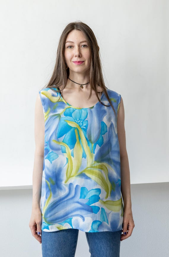 90s Blue Watercolor Floral Tank Top Vintage Longline Tunic Scoop Neck Shell Size L