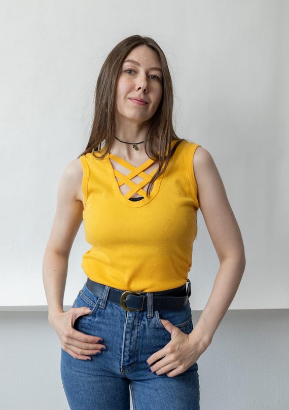 90s Yellow Lace Up Tank Top Vintage Criss Cross V Neck Ribbed Size S