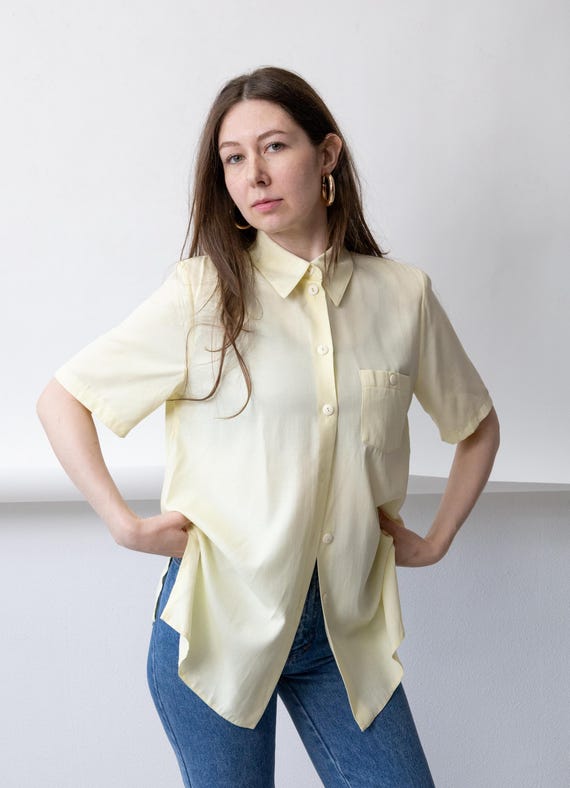 90s Butter Yellow Long Boxy Blouse Vintage Minimalist Button Up Shirt Size L