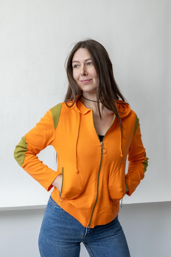 Y2K Orange Zip Hoodie Vintage Fitted Lime Colorblock Sport Track Jacket Size S