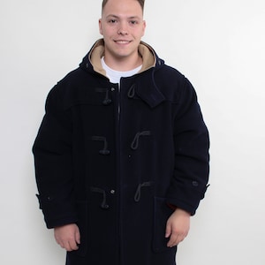 90s Vintage Wool Duffle Coat: Blue Hooded Overcoat, Size L