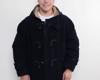 90s Vintage Wool Duffle Coat: Blue Hooded Overcoat, Size L