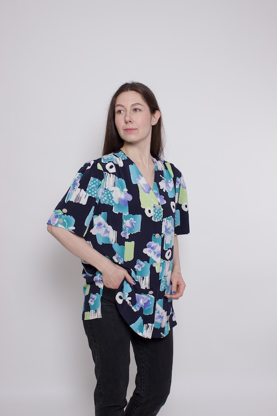 Vintage 90s Blue Floral Blouse Large, Retro Flowers Print Button Up Shirt