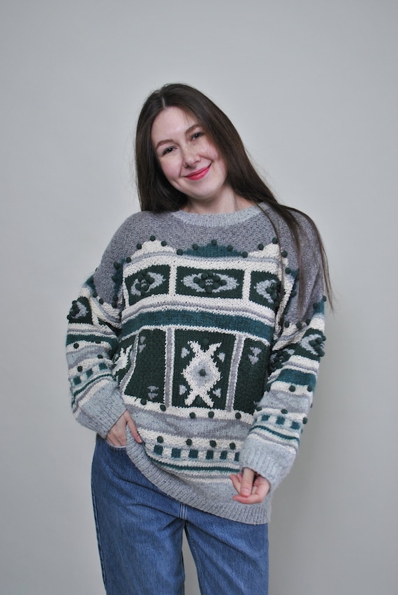 Grey Green Geometric Pom Pom Sweater Oversized Abstract Knit Vintage 90s L