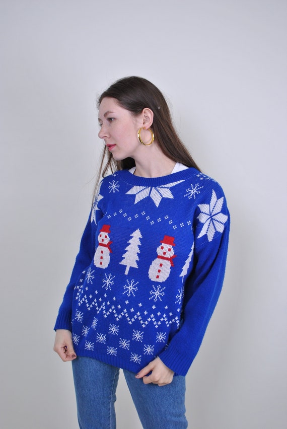 90s blue Christmas sweater, vintage winter snowflake funky jumper, Size M