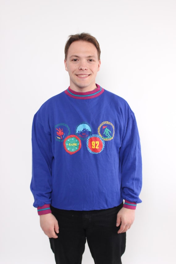 90s apres ski sweatshirt, vintage winter sports jumper in blue, Size M