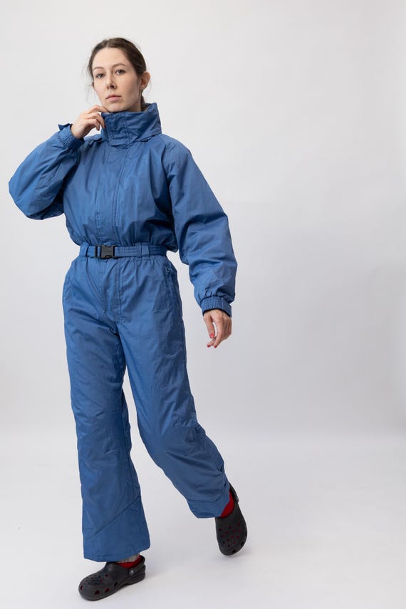 90s Cornflower Blue Belted Vintage Ski Suit One Piece Snowsuit Hidden Hood Size M