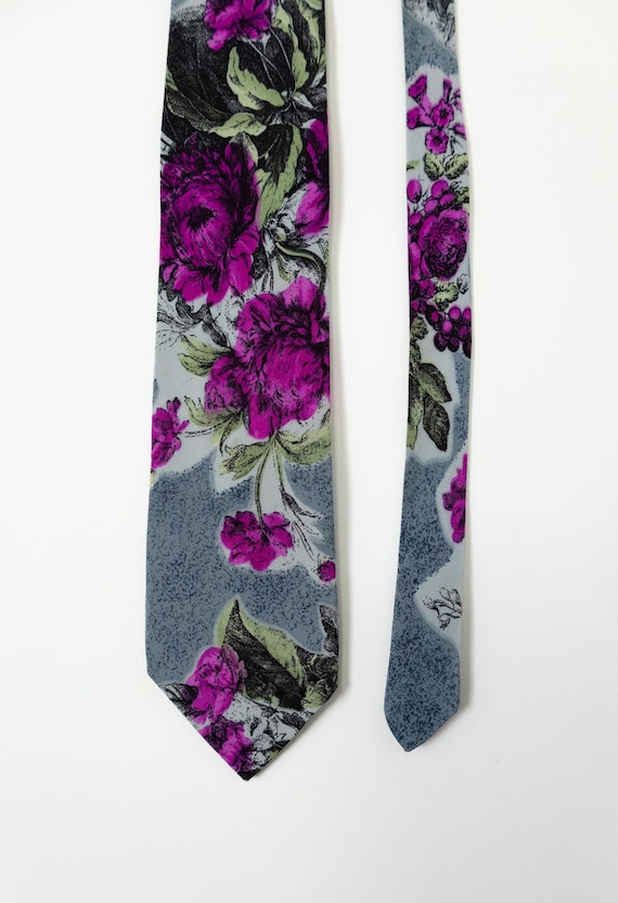 90s Pure Silk Tie Vintage Gray Magenta Peony Botanical Print Dark Academia Necktie