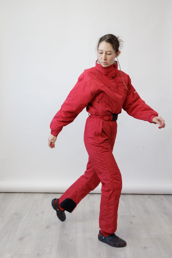 Y2K Cherry Red Belted Vintage Ski Suit One Piece Snowsuit Hidden Hood Size S