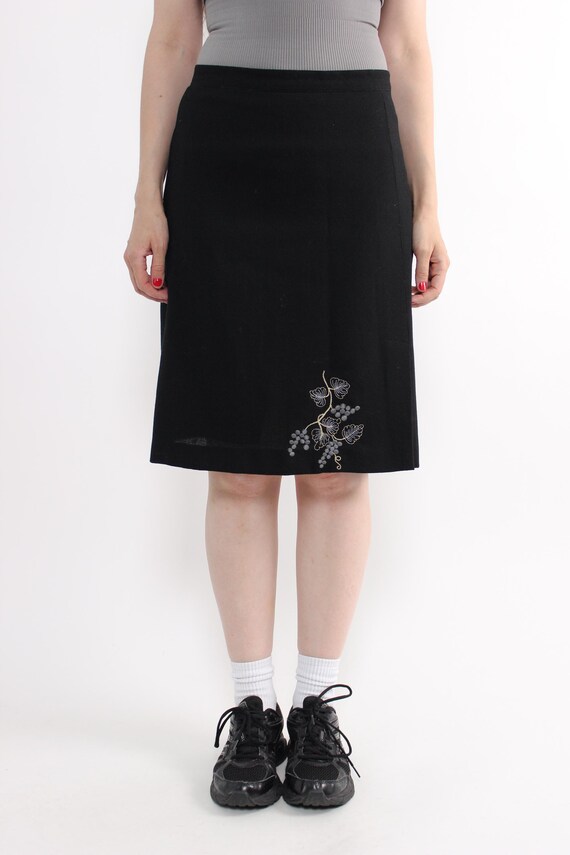 90s black wool midi skirt with floral embroidery, vintage Lana A-line skirt, size M