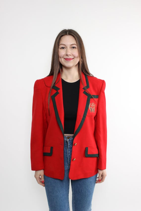 80s wool blazer in red, vintage women fancy formal suit jacket, Size M