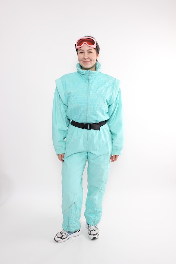 Vintage 90s One Piece Ski Suit, Women’s Turquoise Blue Snowsuit, Size M