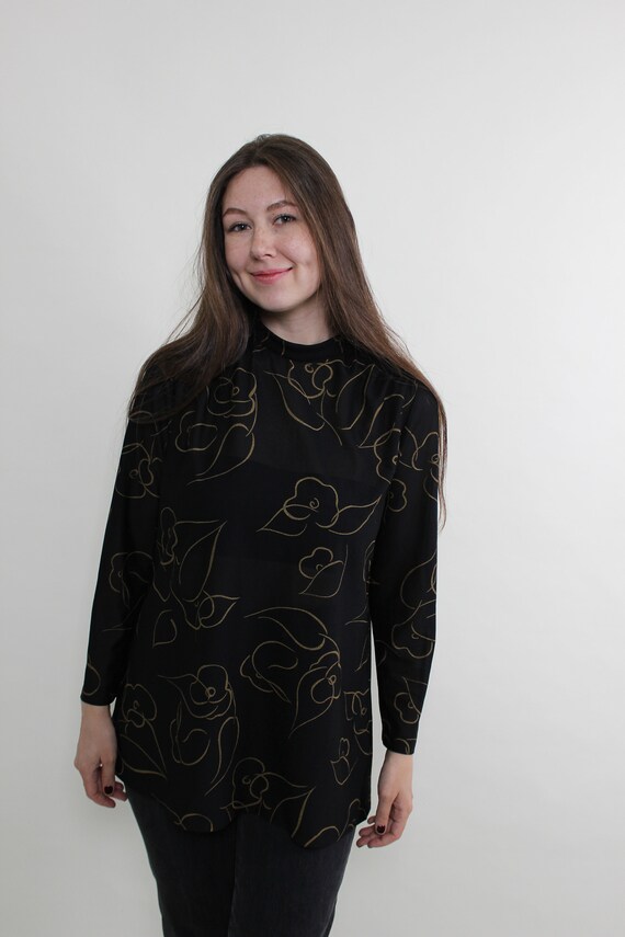 Black Gold Floral Blouse 90s Vintage Mock Neck Oversized Tunic Top Size M