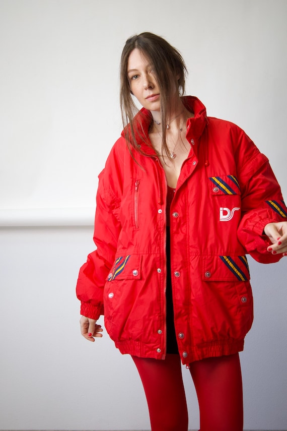 Vintage Red Puffer Ski Jacket Striped Detail Size XL
