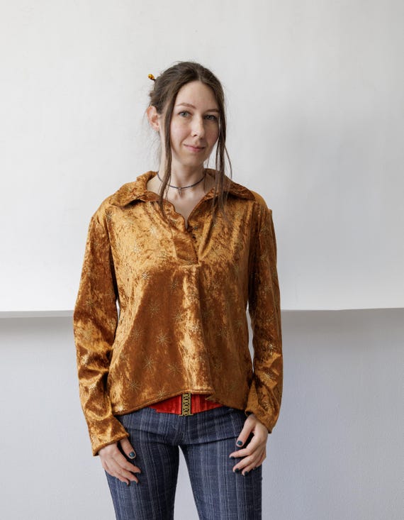 Y2k Copper Crushed Velvet Top Glitter Star Print Collared Pullover Party Size M