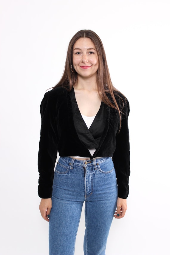 Crushed Velvet Cropped Bolero Shawl Collar Mob Wife Dark Academia Black  Size L