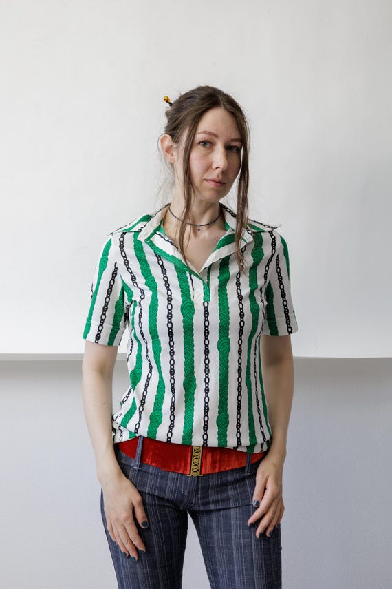 90s Green Rope Chain Print Polo Top Vintage Stripe Pointed Collar Retro Shirt M