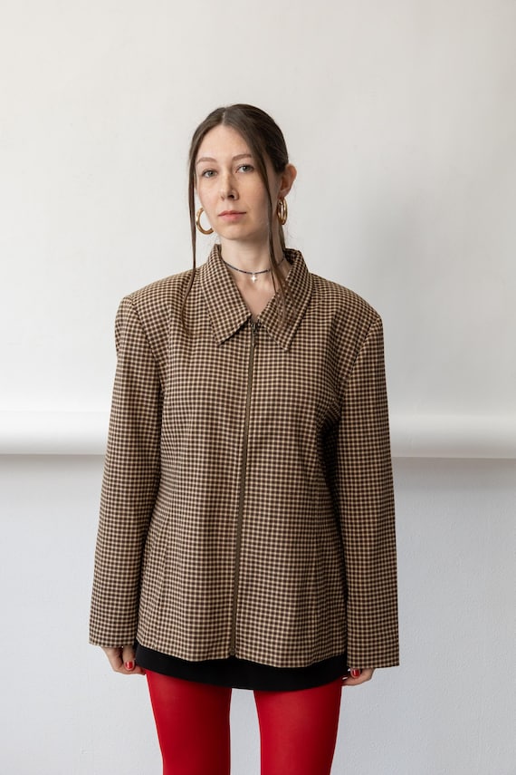 90s Brown Gingham Check Zip Jacket Vintage Minimalist Collared Shirt Jacket Size L