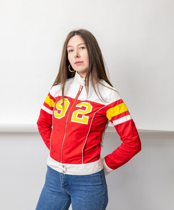 Y2k Fishbone Red Race Jacket Vintage 00s Varsity Patch Cropped Zip Jacket Size S