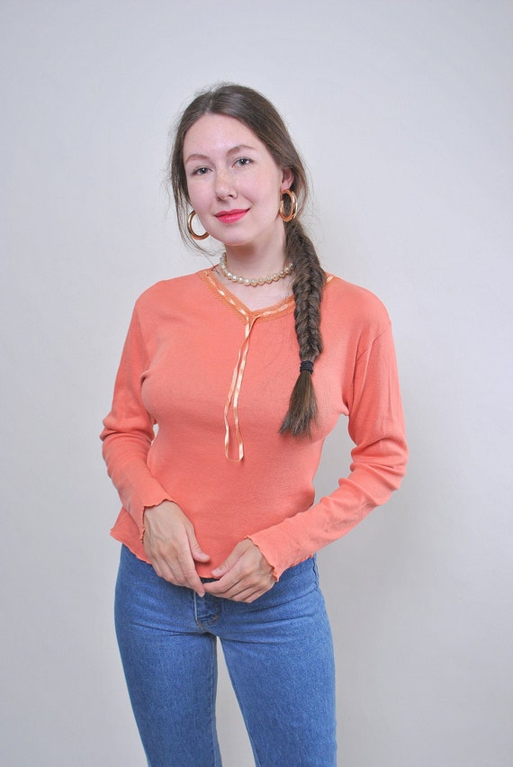90s Vintage Orange Cotton Blouse: Minimalist Tie Collar Top, Size S