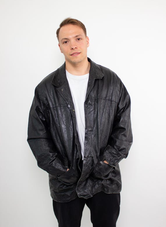 Vintage 90s Oversized Black Leather Jacket, Retro Grunge Streetwear Coat with Lining, Size XL