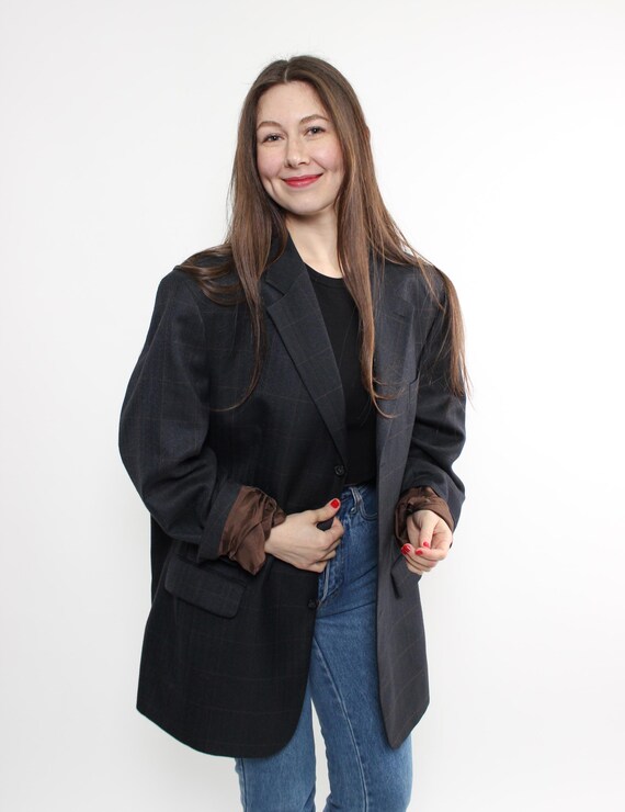 80s Charcoal Navy Wool Blazer Vintage Windowpane Check Oversized Boyfriend Notched Lapel XL
