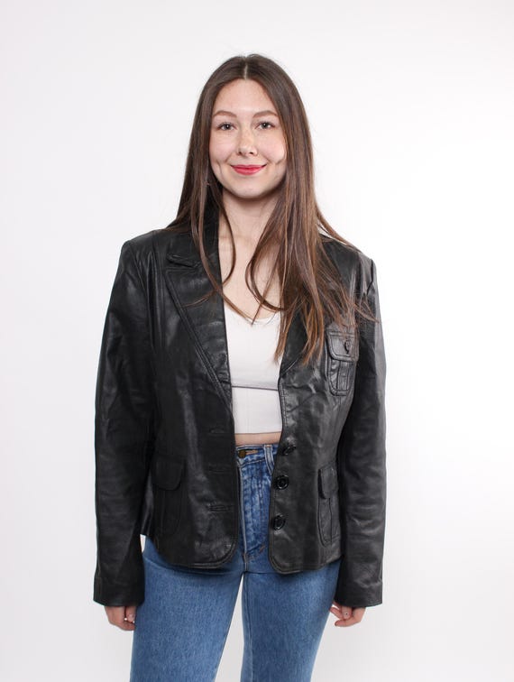 90s western leather jacket in black, vintage biker grunge crop blazer, Size XL
