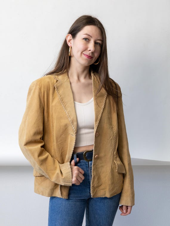 y2k Suede Blazer Whipstitch Boho 2000s Tan Western Fitted Vintage Jacket Size M