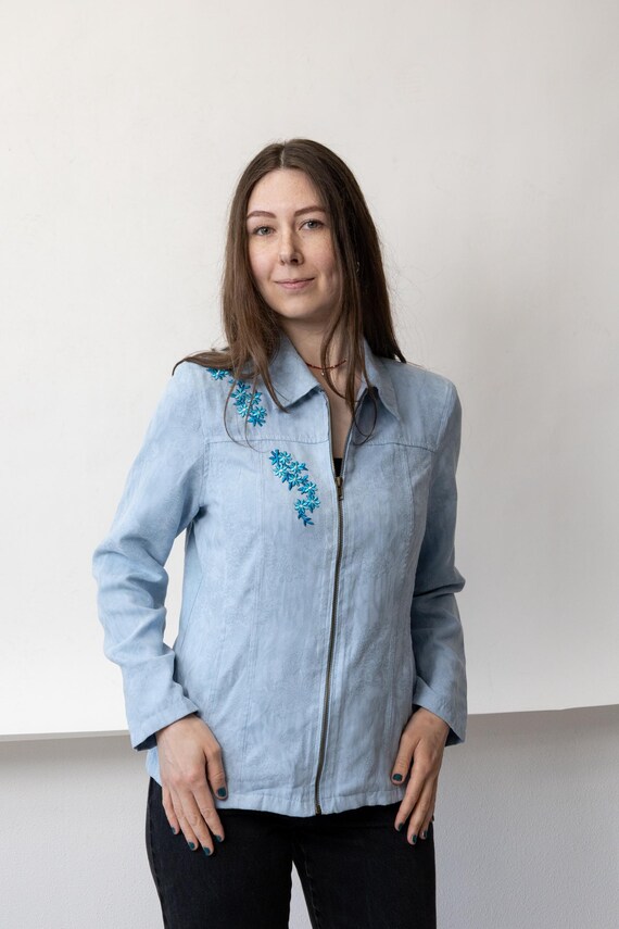 Y2k Baby Blue Faux Suede Jacket Floral Embroidery Zip Up Microsuede Shirt Size M