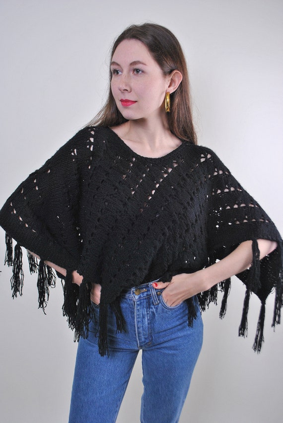 70s vintage hippie knitted black poncho