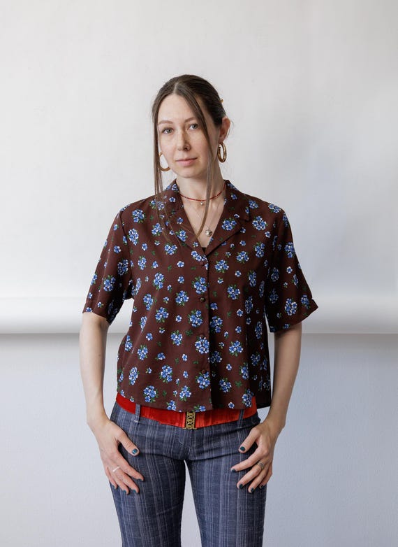 90s Brown Floral Blouse Vintage Blue Ditsy Print Notch Collar Shirt Size M