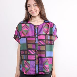 80s multicolor blouse, vintage geometric button up shirt with short sleeves, Size L