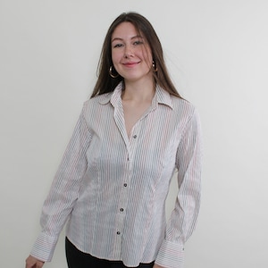 Vintage striped print formal blouse, 90s multicolor pattern button front blouse, Size M