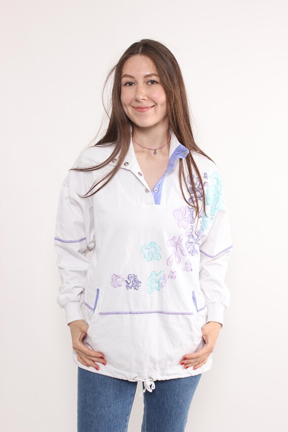Vintage 90s Cotton Sweatshirt, Pastel Graphic Pullover, Retro Sport Top, Size L