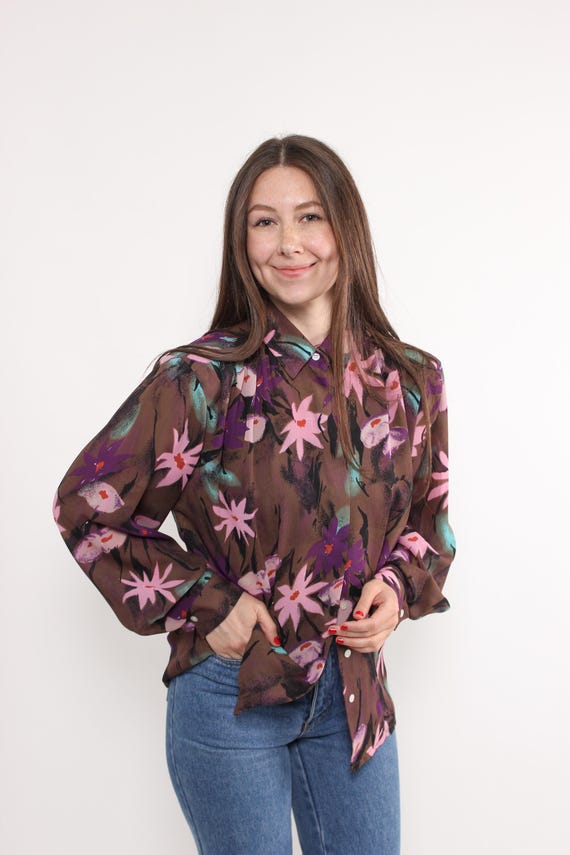 90s Brown Floral Blouse Vintage Pink Purple Sheer Chiffon Button Up Top Size M