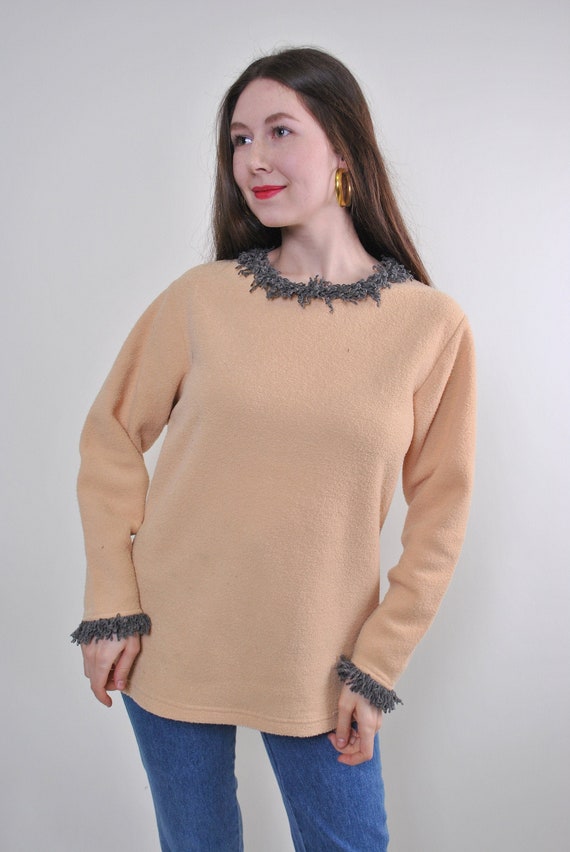 Vintage Y2k Pullover Sweatshirt: Beige 00s Fashion, Size M
