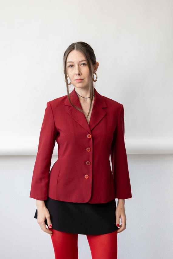 90s Wine Burgundy Fitted Blazer Vintage Minimalist Notch Lapel Tailored Jacket Size M
