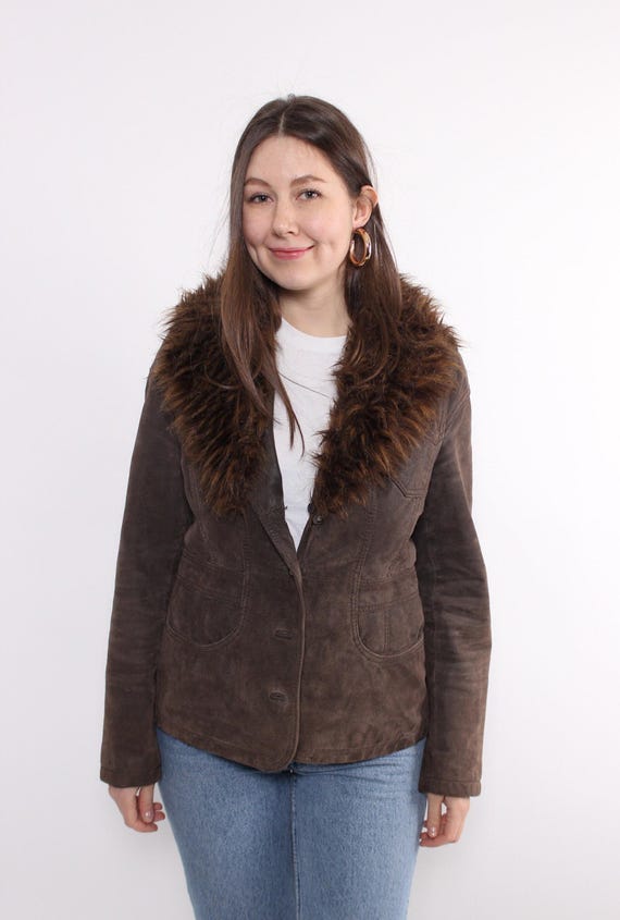 90s Penny lane coat vintage leather cropped overcoat, faux fur jacket, Size M