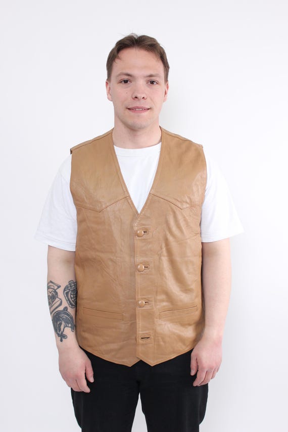 80s leather gilet vest in brown, vintage western biker sleeveless jacket, Size L